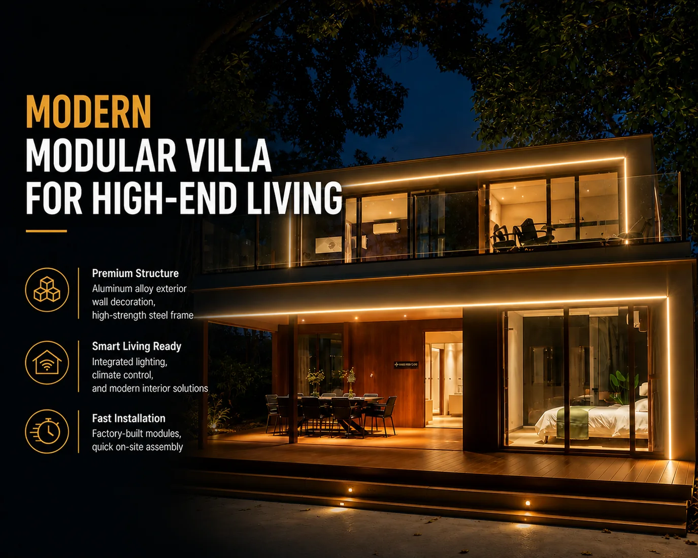 AP-140S modern modular villa at night